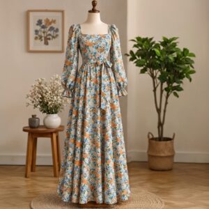 پیراهن زنانه گلدار آستین بلند و یقه خشتی